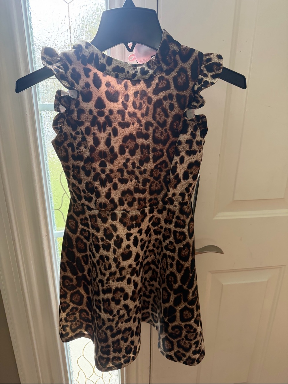 Girls Leopard Print Ruffle Sleeve Dress - Brown